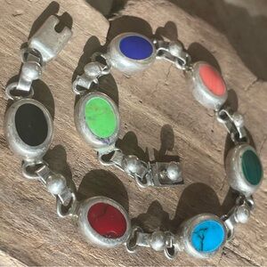 Vintage Multi Gemstone Sterling Silver 925 Link Bracelet